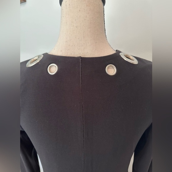 VTG Joseph Ribkoff Fit and Flare Black Dress Midi Metal Circle Detail on Front 8 - Picture 7 of 10